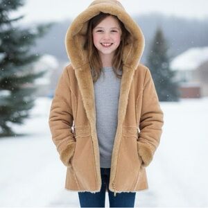 Girls Faux Suede Shearling Coat w/Faux Fur Lining